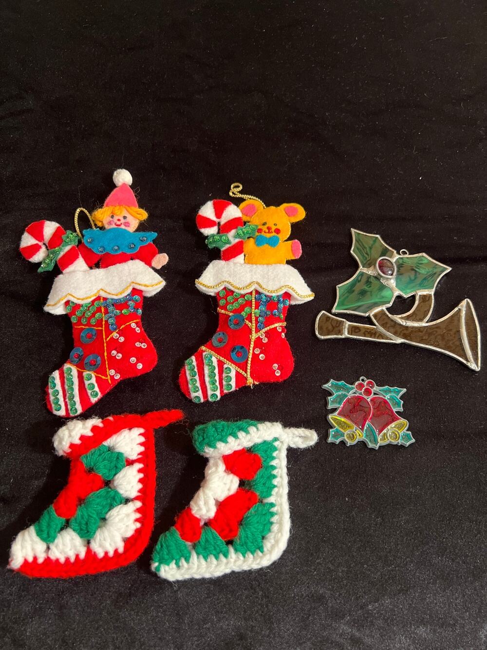 Vintage Christmas Ornament Lot of 6 – Stockings Bells Holly Felt Crochet